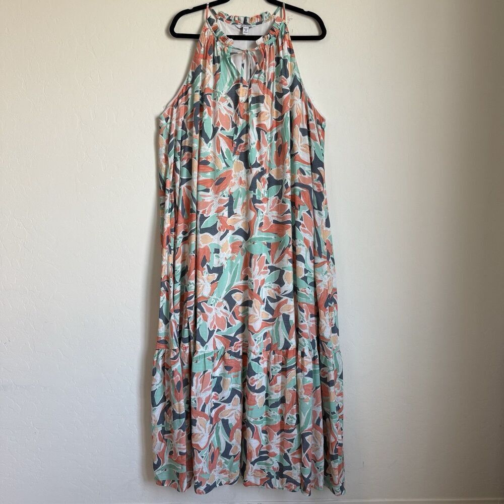 Nine West 2X Tiered Tropical Floral Maxi Halter Dress Resort Wear Beach Vacation
